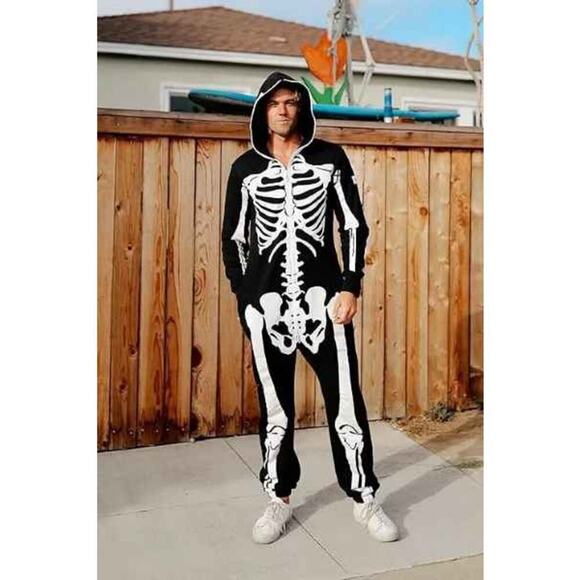 TIPSY ELVES ONE PIECE ZIP UP MASK SKELETON JUMPSUIT Unisex Size Small HALOWEEN - Picture 2 of 7